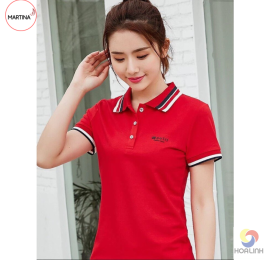 Áo Polo Nữ kiểu đỏ họa tiết sọc trắng đen