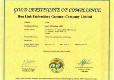 THÔNG BÁO CÔNG TY TNHH SẢN XUẤT MAY THÊU HOA LINH ĐẠT CHỨNG CHỈ TIÊU CHUẨN WRAP
