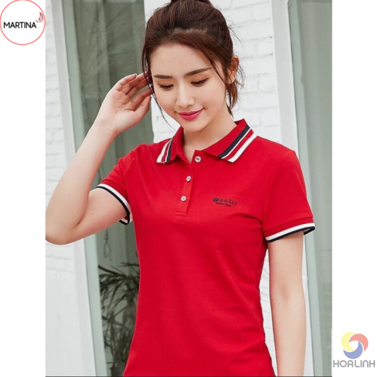 Áo Polo Nữ kiểu đỏ họa tiết sọc trắng đen